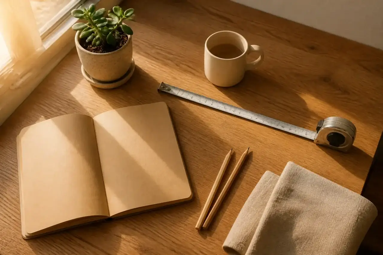 Blat de stejar văzut de sus, cu carnet kraft, ruletă metalică, plantă și cană ceramică.
