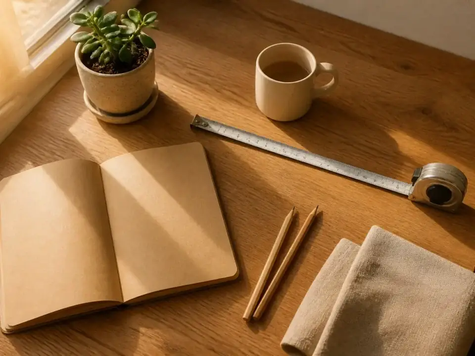 Blat de stejar văzut de sus, cu carnet kraft, ruletă metalică, plantă și cană ceramică.