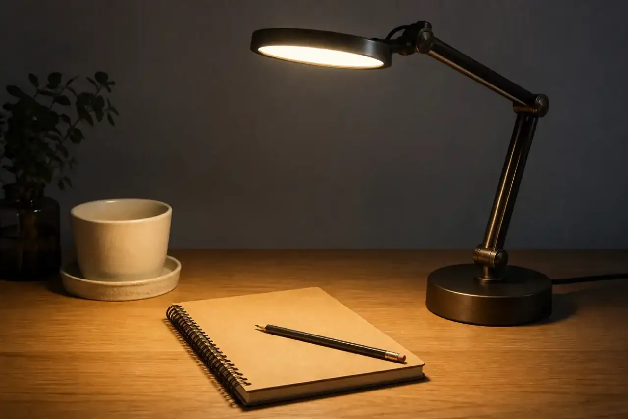 Lampă de birou LED pe blat Lampă de birou LED cu braț bronz, care luminează un carnet kraft și un creion pe blat de stejar.