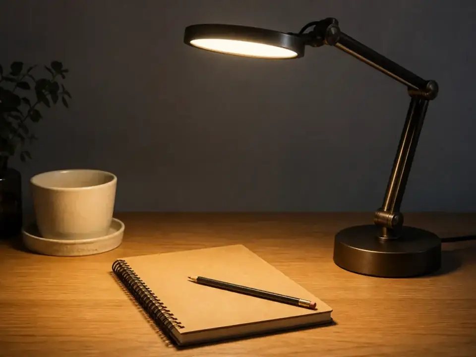 Lampă de birou LED cu braț bronz, care luminează un carnet kraft și un creion pe blat de stejar.