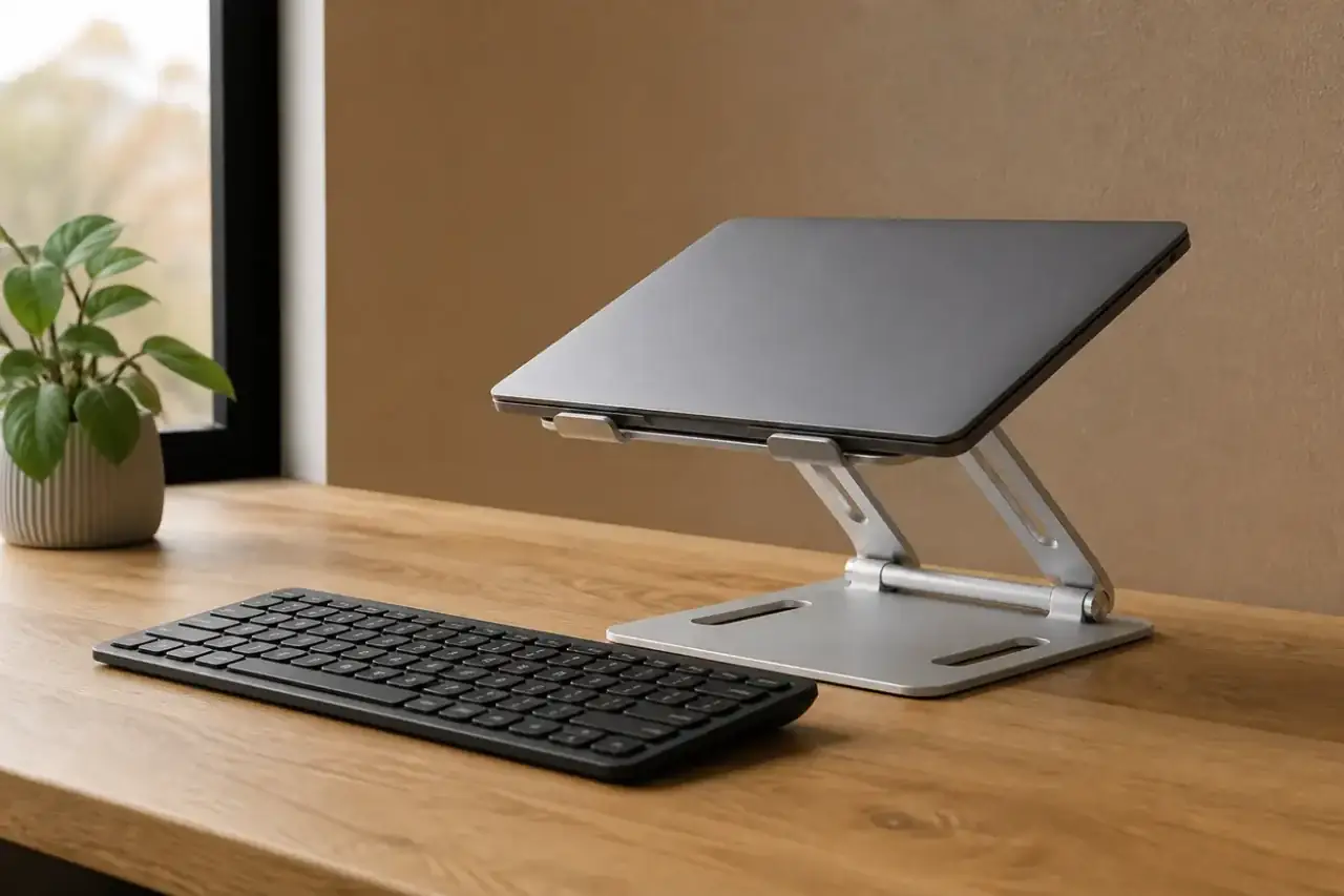 Suport de laptop și tastatură separată Laptop închis pe un suport de aluminiu, cu tastatură separată așezată pe blat în față.