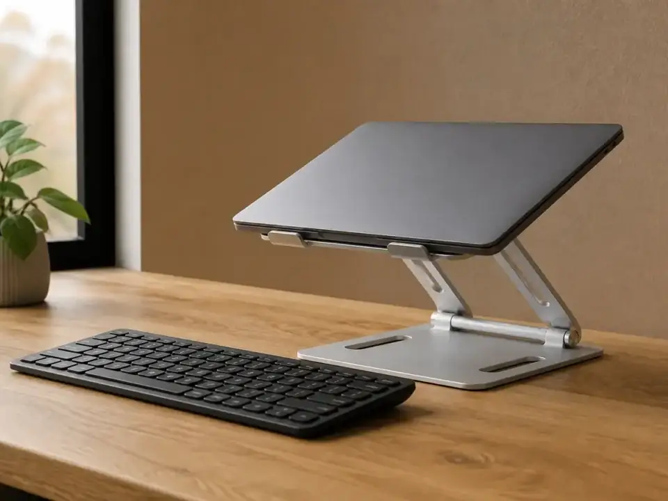 Laptop închis pe un suport de aluminiu, cu tastatură separată așezată pe blat în față.