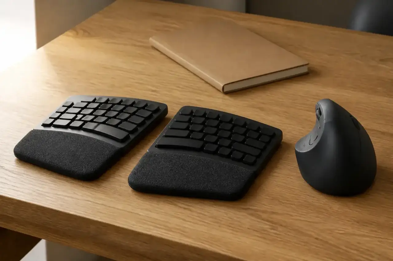 Tastatură split și mouse vertical Tastatură split joasă și mouse vertical pe blat de stejar, lângă un carnet kraft.