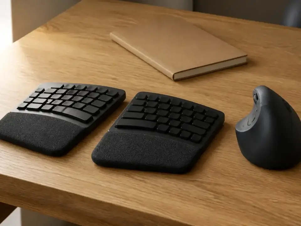 Tastatură split joasă și mouse vertical pe blat de stejar, lângă un carnet kraft.